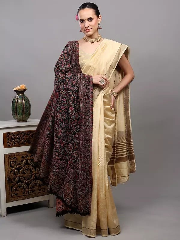 Exotic India Black-Onyx Kani Jamawar Shawl From Amritsar With Woven Floral Jaal And Paisleys 