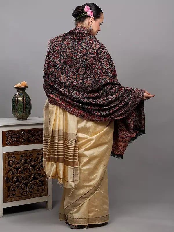 Exotic India Black-Onyx Kani Jamawar Shawl From Amritsar With Woven Floral Jaal And Paisleys 
