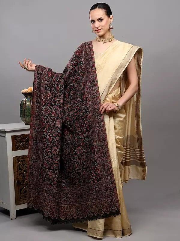 exotic india Black-Onyx Kani Jamawar Shawl from Amritsar with Woven Floral Jaal and Paisleys 