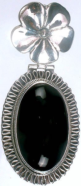 exotic india Black Onyx Oval Pendant with Flower Bale 
