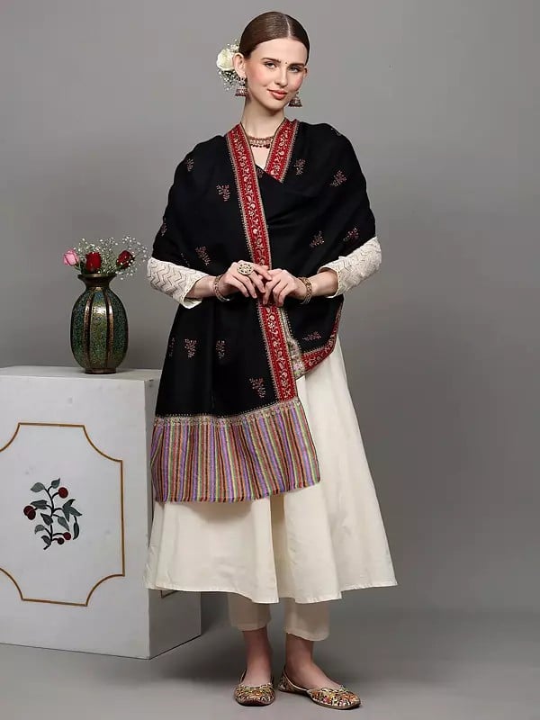 Exotic India Black-Onyx Pure Pashmina Stole With Sozni Embroidered Floral Booits And Kani Border 