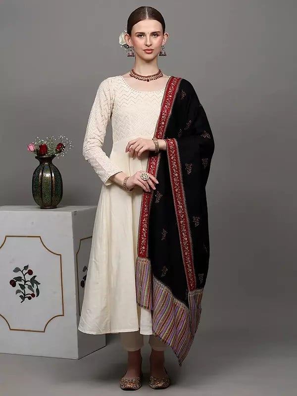 Exotic India Black-Onyx Pure Pashmina Stole With Sozni Embroidered Floral Booits And Kani Border 