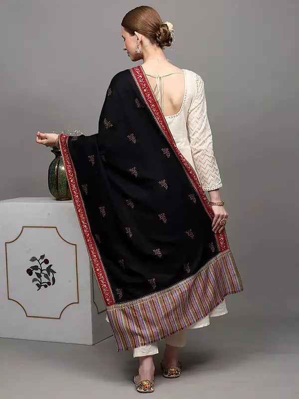 Exotic India Black-Onyx Pure Pashmina Stole With Sozni Embroidered Floral Booits And Kani Border 