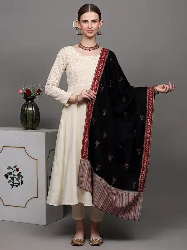 exotic india Black-Onyx Pure Pashmina Stole with Sozni Embroidered Floral Booits and Kani Border 