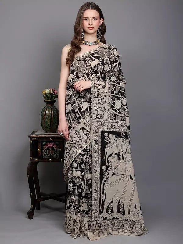 Exotic India Black-Onyx Radha Krishna Print Kalamkari Saree With Jungle Scene From Telangana 