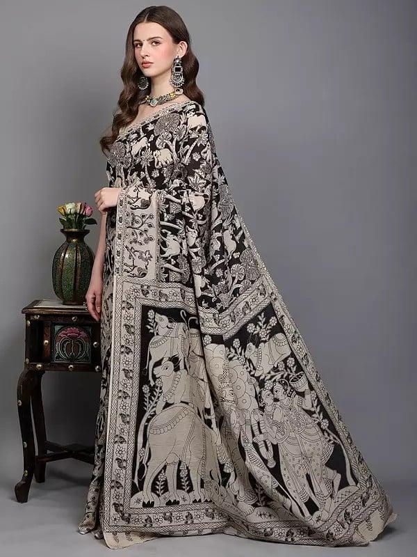 Exotic India Black-Onyx Radha Krishna Print Kalamkari Saree With Jungle Scene From Telangana 