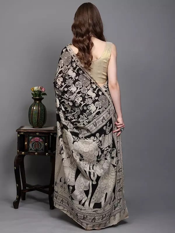 Exotic India Black-Onyx Radha Krishna Print Kalamkari Saree With Jungle Scene From Telangana 