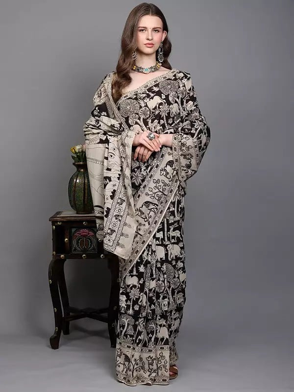 exotic india Black-Onyx Radha Krishna Print Kalamkari Saree with Jungle Scene from Telangana 