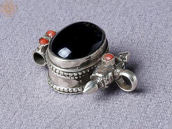 Exotic India Black Onyx Tibetan Ghau Silver Pendant From Nepal 