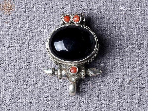 exotic india Black Onyx Tibetan Ghau Silver Pendant from Nepal