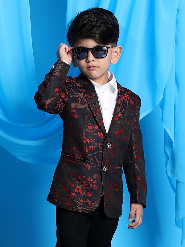 Exotic India Black Self Woven Floral Pattern Silk Blend Blazer 