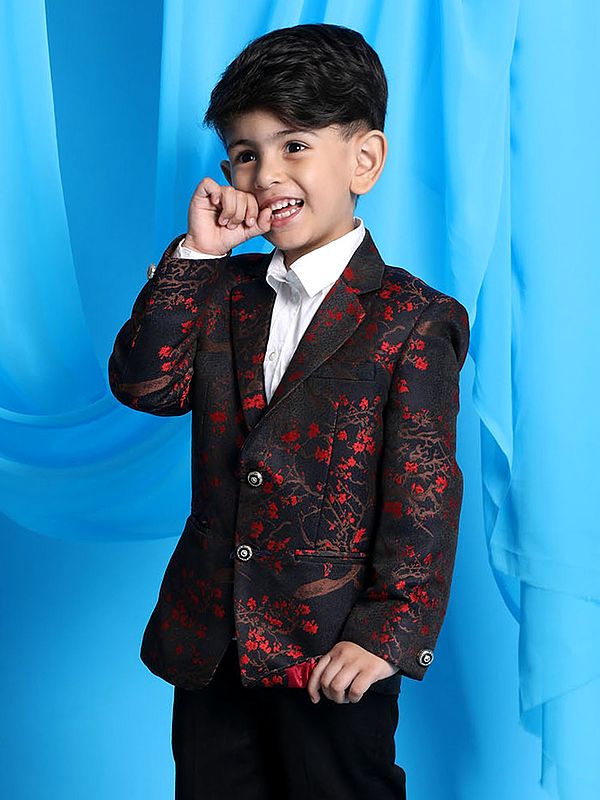 Exotic India Black Self Woven Floral Pattern Silk Blend Blazer 
