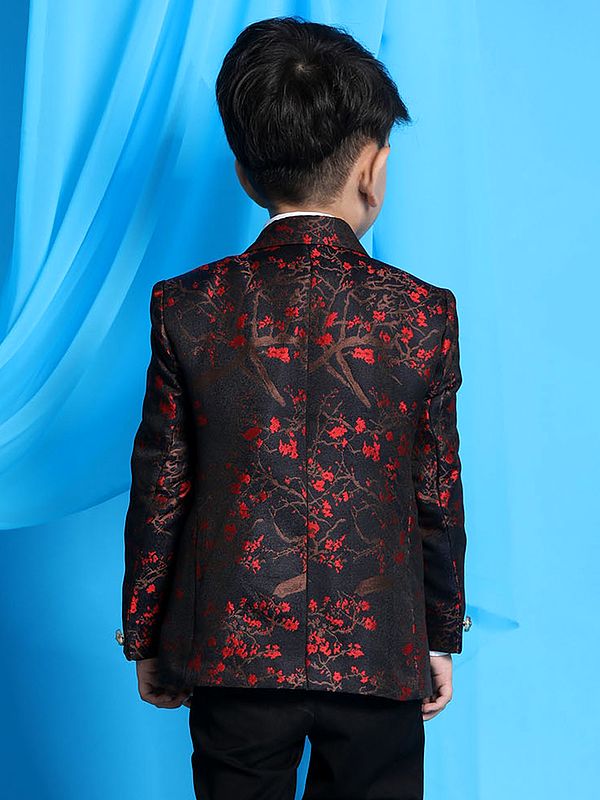 Exotic India Black Self Woven Floral Pattern Silk Blend Blazer 