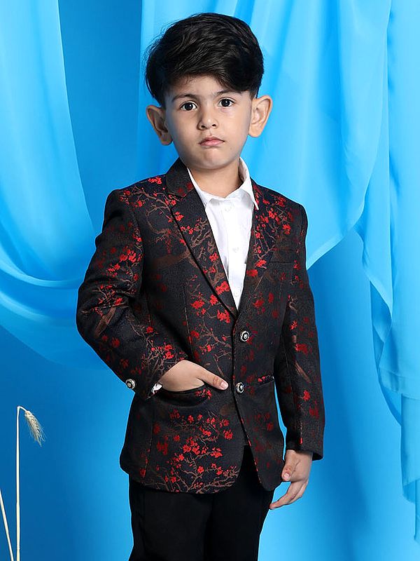 exotic india Black Self Woven Floral Pattern Silk Blend Blazer 