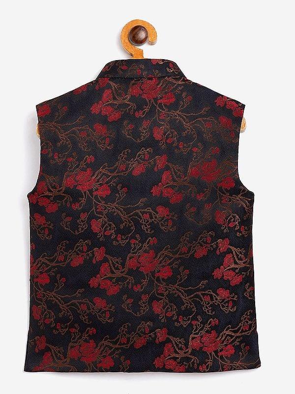 Exotic India Black Silk Blend Jacquard Floral Vine Pattern Modi Jacket 