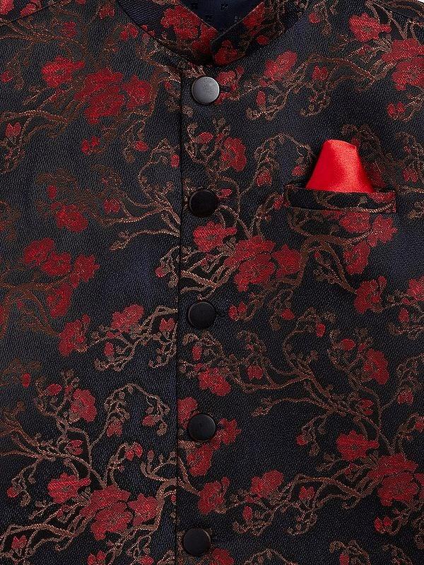 Exotic India Black Silk Blend Jacquard Floral Vine Pattern Modi Jacket 