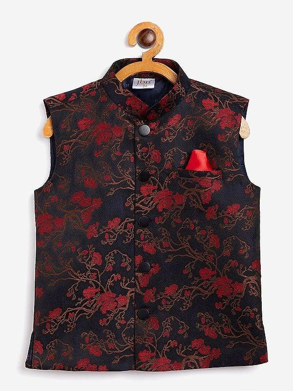 exotic india Black Silk Blend Jacquard Floral Vine Pattern Modi Jacket 
