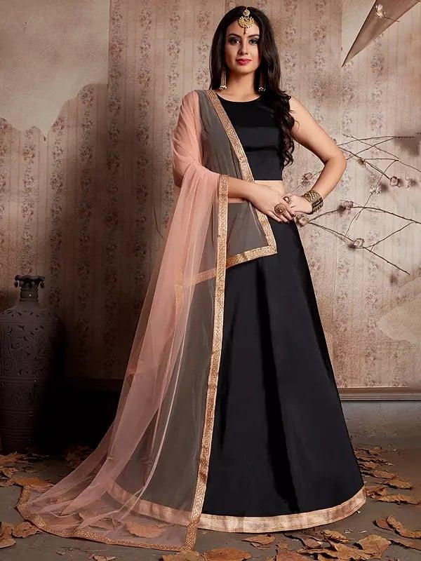 Exotic India Black Solid Designer Party Wear Taffeta Silk Lehenga Choli With Soft Net Lace Work Dupatta 