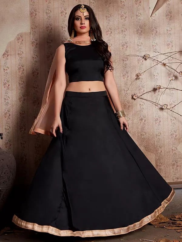 Exotic India Black Solid Designer Party Wear Taffeta Silk Lehenga Choli With Soft Net Lace Work Dupatta 