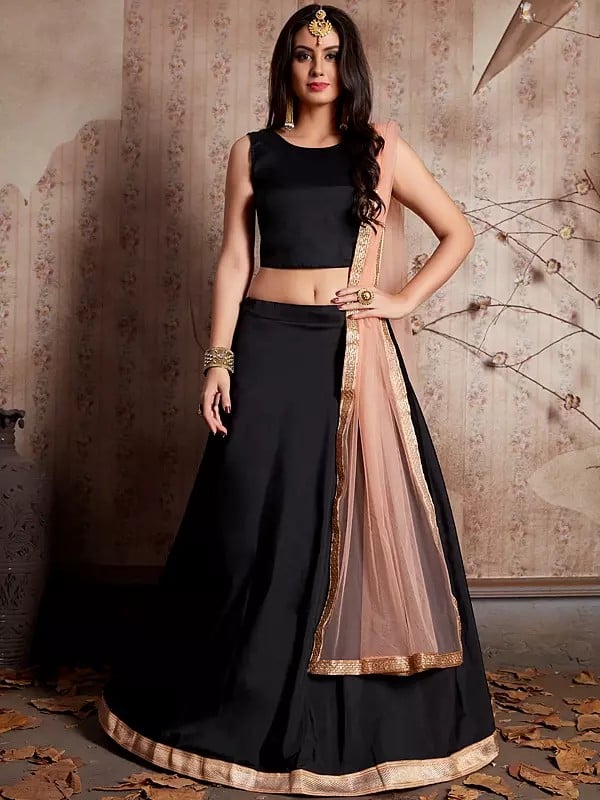 exotic india Black Solid Designer Party Wear Taffeta Silk Lehenga Choli With Soft Net Lace Work Dupatta 