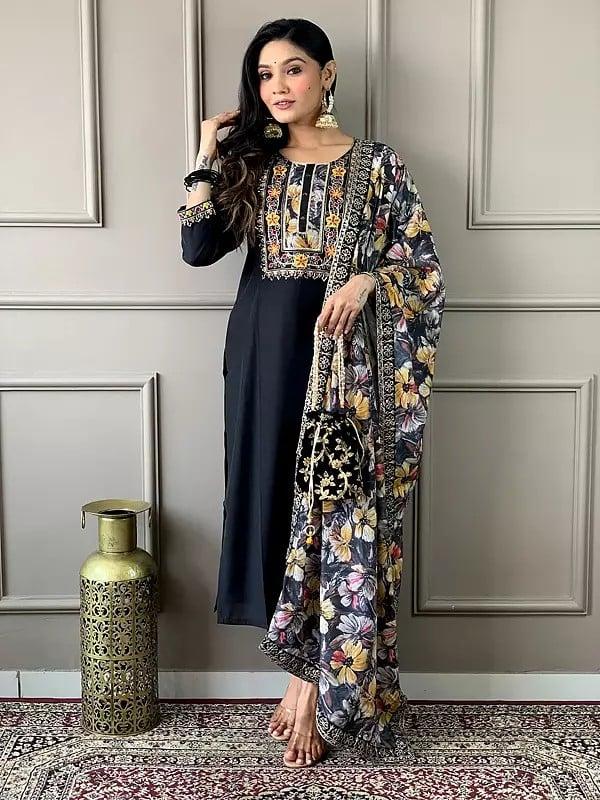 Exotic India Black Viscose Chanderi Embroidery Work Stunning Festive Wear Kurta Set With Floral Print Dupatta 