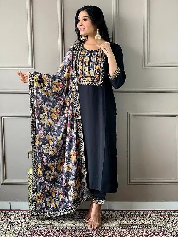 Exotic India Black Viscose Chanderi Embroidery Work Stunning Festive Wear Kurta Set With Floral Print Dupatta 
