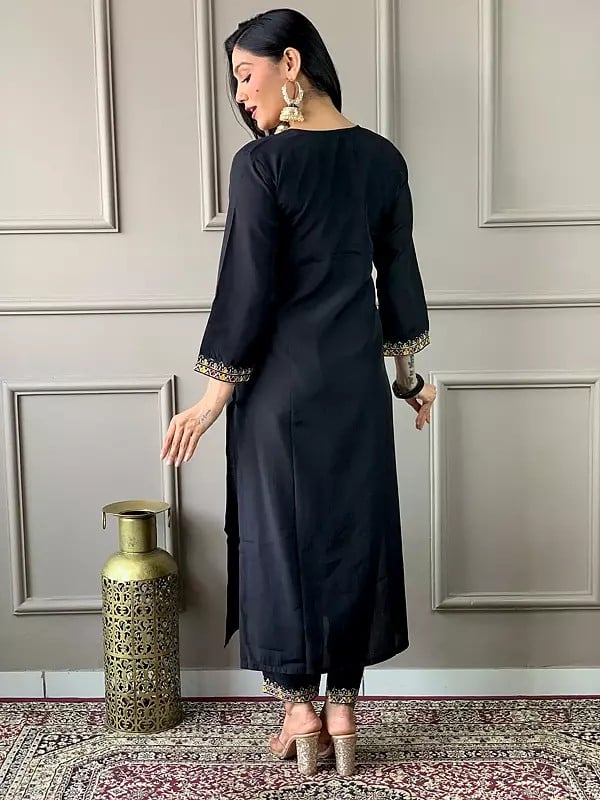 Exotic India Black Viscose Chanderi Embroidery Work Stunning Festive Wear Kurta Set With Floral Print Dupatta 