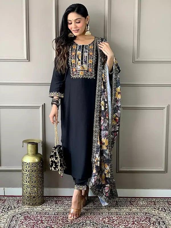 exotic india Black Viscose Chanderi Embroidery Work Stunning Festive Wear Kurta Set With Floral Print Dupatta 