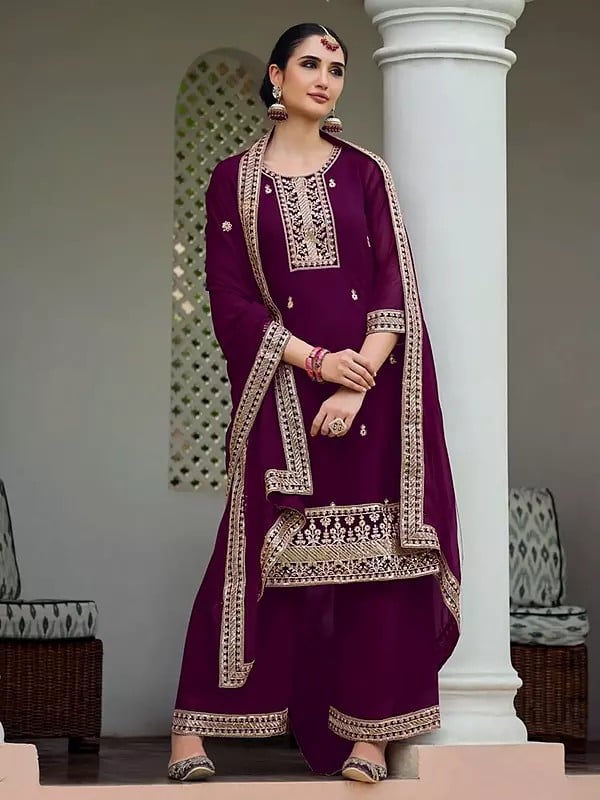 Exotic India Blackberry Stunning Georgette Thread Embroidery Work Kurta With Palazzo For Casual Occasion 