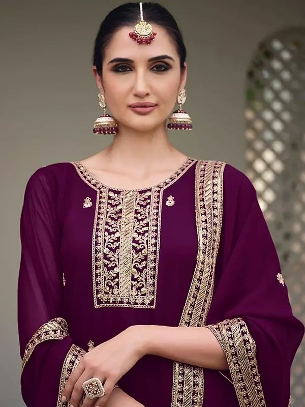 Exotic India Blackberry Stunning Georgette Thread Embroidery Work Kurta With Palazzo For Casual Occasion 