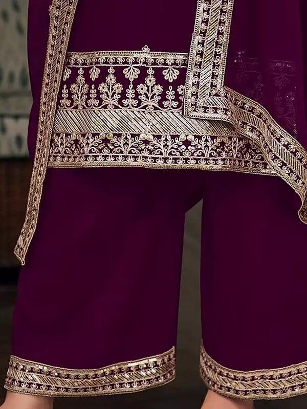 Exotic India Blackberry Stunning Georgette Thread Embroidery Work Kurta With Palazzo For Casual Occasion 