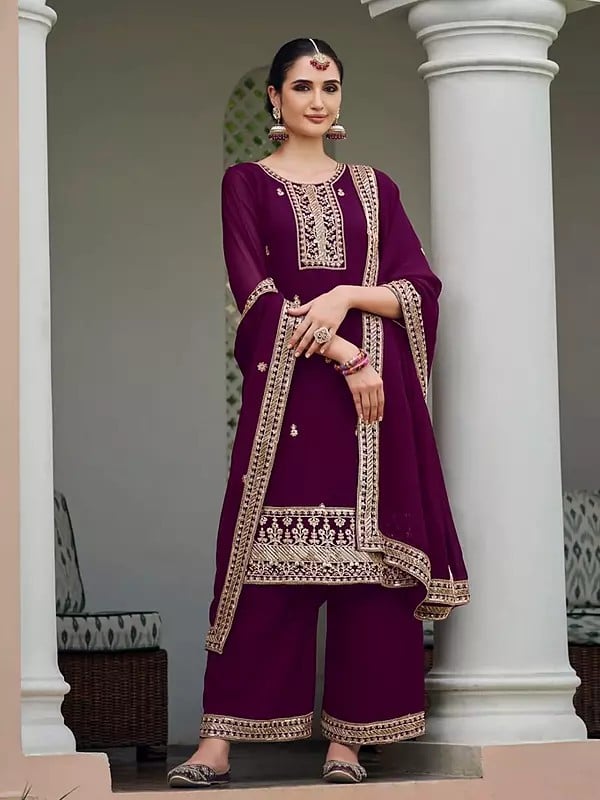 exotic india Blackberry Stunning Georgette Thread Embroidery Work Kurta With Palazzo For Casual Occasion 