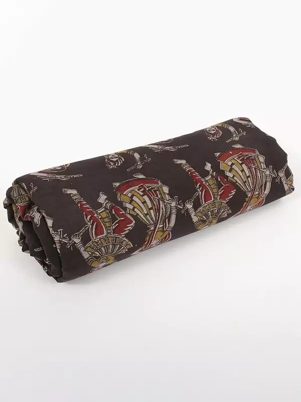 Exotic India Blackened-Pearl Pure Cotton Kalamkari Dandiya Folk Dance Blocked Printed Fabric 