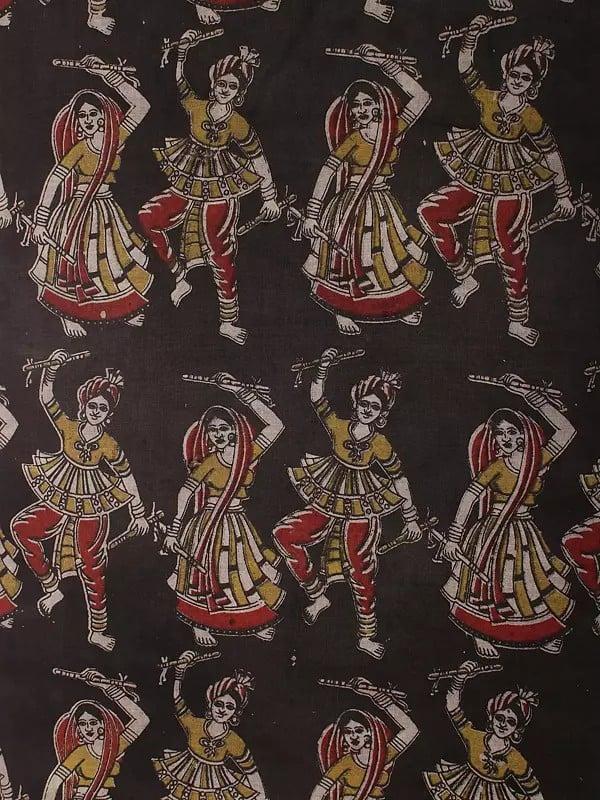 Exotic India Blackened-Pearl Pure Cotton Kalamkari Dandiya Folk Dance Blocked Printed Fabric 
