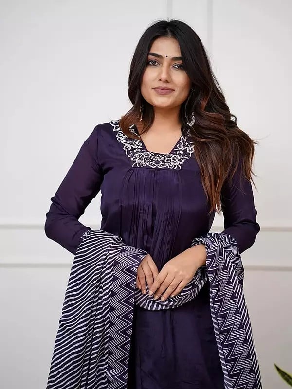 Exotic India Bleached-Cedar Designer Embroidery Work Attractive Party Wear Kurta Set With Striped Dupatta