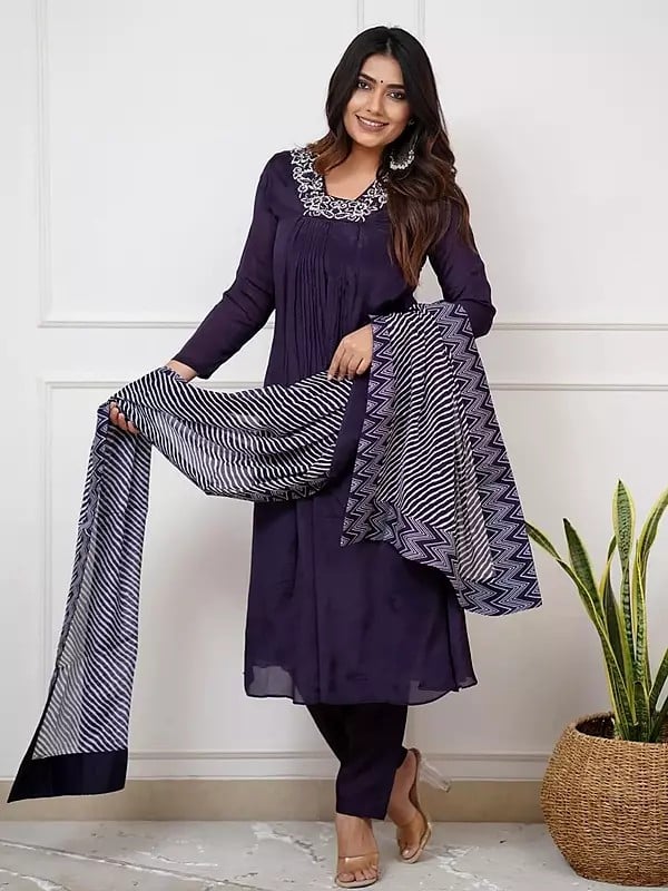 exotic india Bleached-Cedar Designer Embroidery Work Attractive Party Wear Kurta Set With Striped Dupatta 