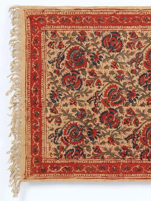 Exotic India Bleached Sand Kalamkari Dhurrie With Printed Floral Vines From Telangana 