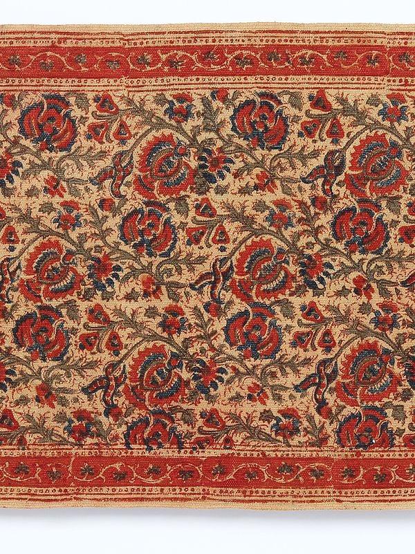Exotic India Bleached Sand Kalamkari Dhurrie With Printed Floral Vines From Telangana 