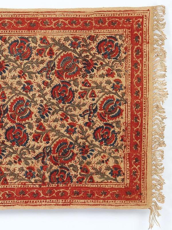 Exotic India Bleached Sand Kalamkari Dhurrie With Printed Floral Vines From Telangana 