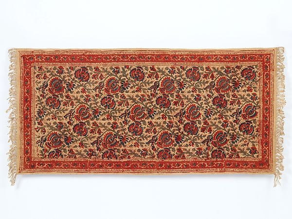 exotic india Bleached Sand Kalamkari Dhurrie with Printed Floral Vines from Telangana 