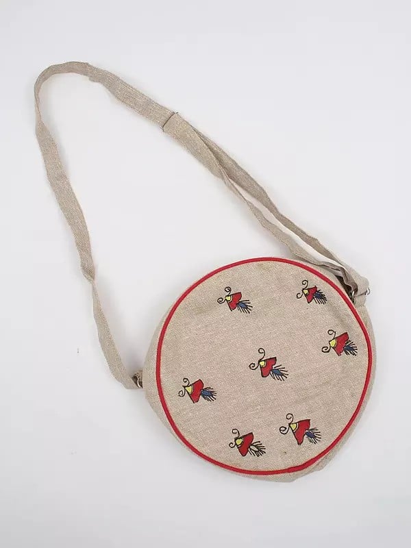 Exotic India Bleached-Sand Round Sling Jute Bag With Madhubani Hand-Painted Peacock 
