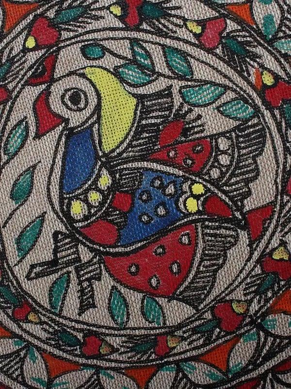 Exotic India Bleached-Sand Round Sling Jute Bag With Madhubani Hand-Painted Peacock 