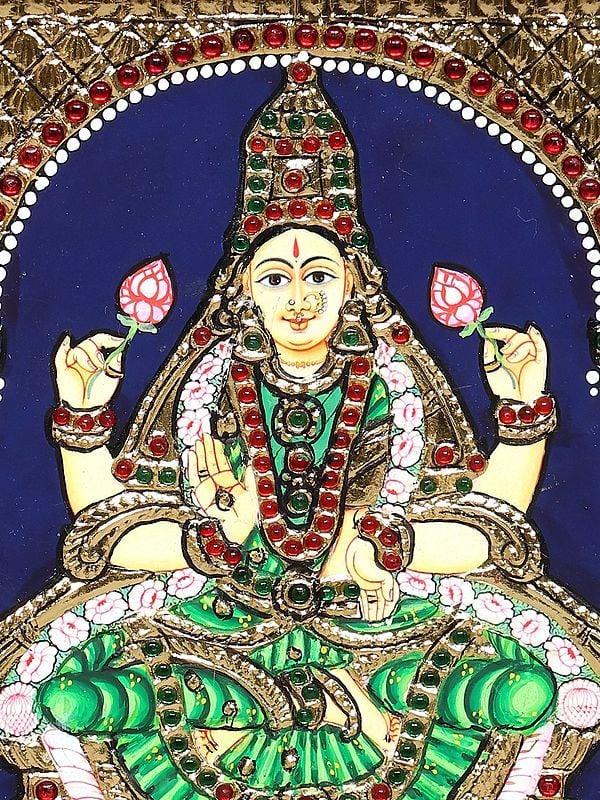 Exotic India Blessing Devi Lakshmi | Framed Tanjore Painting 