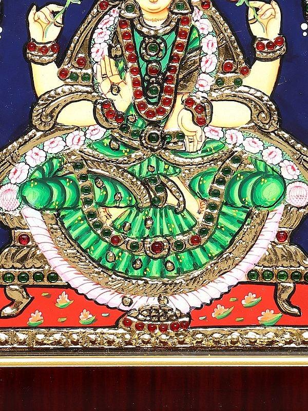 Exotic India Blessing Devi Lakshmi | Framed Tanjore Painting 