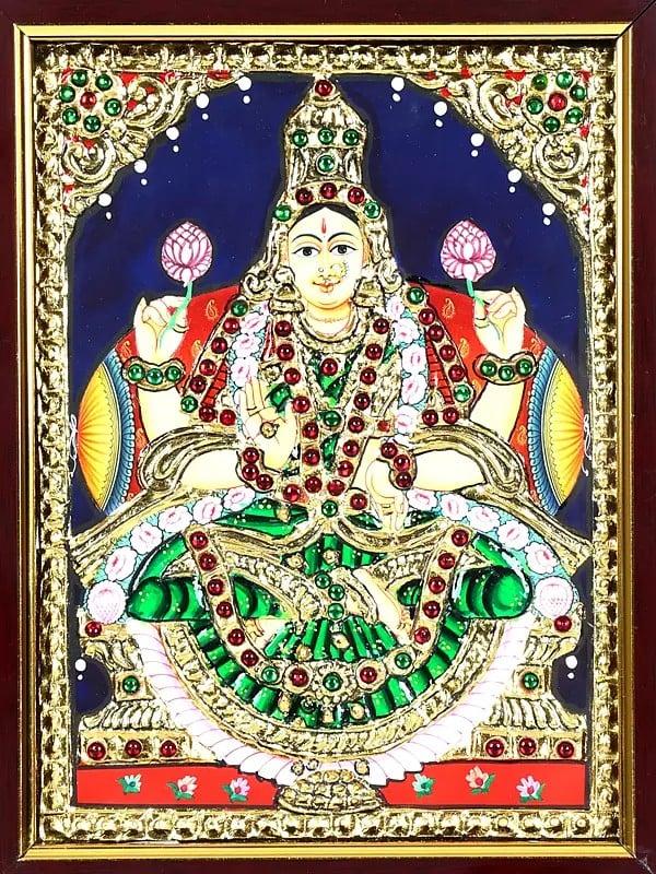 Exotic India Blessing Goddess Lakshmi | 24 Karat Gold Work | Framed Tanjore Painting 