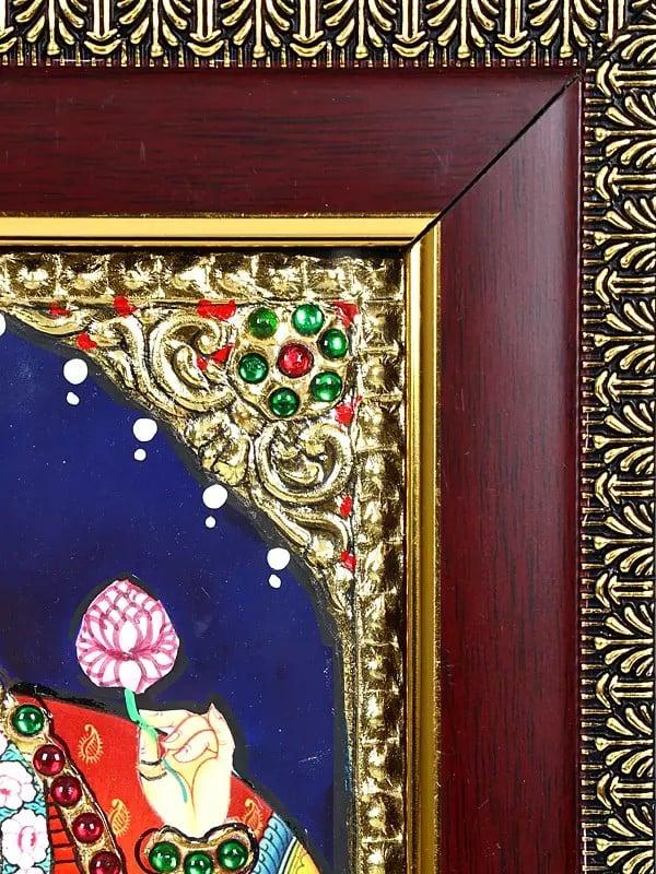 Exotic India Blessing Goddess Lakshmi | 24 Karat Gold Work | Framed Tanjore Painting 