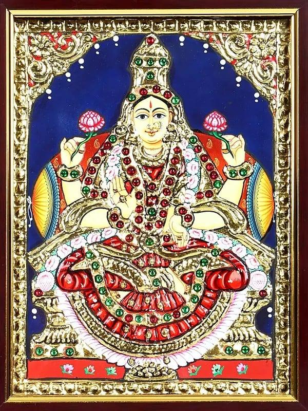 Exotic India Blessing Goddess Lakshmi | 24 Karat Gold Work | Framed Tanjore Painting