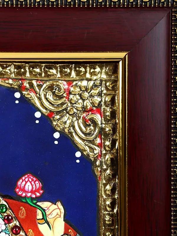 Exotic India Blessing Goddess Lakshmi | 24 Karat Gold Work | Framed Tanjore Painting