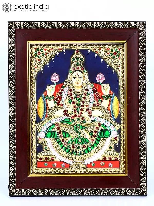 exotic india Blessing Goddess Lakshmi | 24 Karat Gold Work | Framed Tanjore Painting 