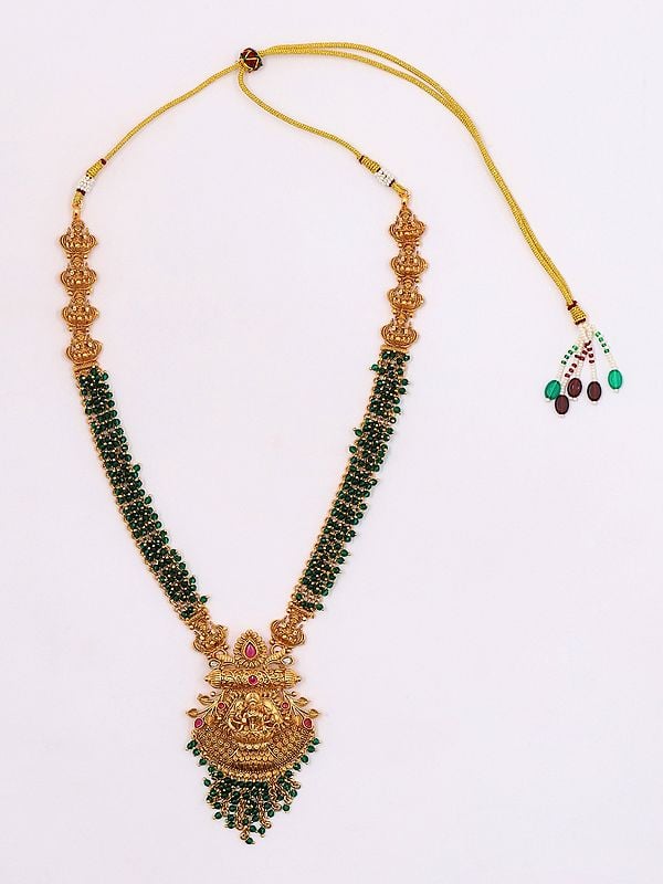 Exotic India Blessing Goddess Lakshmi Long Necklace & Earrings Set With Beads
